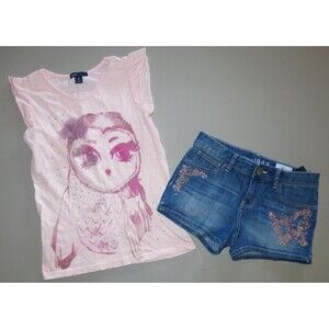 Gap kid denim jean sequin shorts pink owl short sleeve tank top t-shirt 8 9 10 M